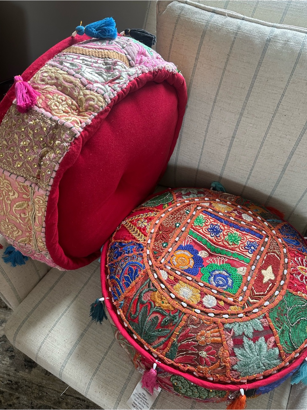 Decorative Round Embroidered Floor Cushion - Red Multicolor
